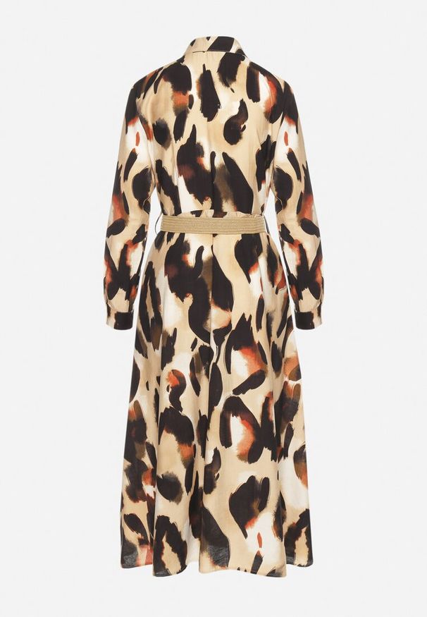 Born2be - Beżowa Koszulowa Sukienka Rozkloszowana w Abstrakcyjny Wzór z Plecionym Paskiem Miririda. Okazja: na co dzień. Typ kołnierza: dekolt w kształcie V. Kolor: beżowy. Materiał: wiskoza, materiał, jeans. Wzór: aplikacja. Typ sukienki: koszulowe. Styl: elegancki, casual