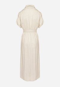 Born2be - Beżowa Koszulowa Sukienka z Lnem Wiskozą i Paskiem Lenaviel. Okazja: na co dzień. Kolor: beżowy. Materiał: len, wiskoza. Typ sukienki: koszulowe. Styl: klasyczny, casual #3