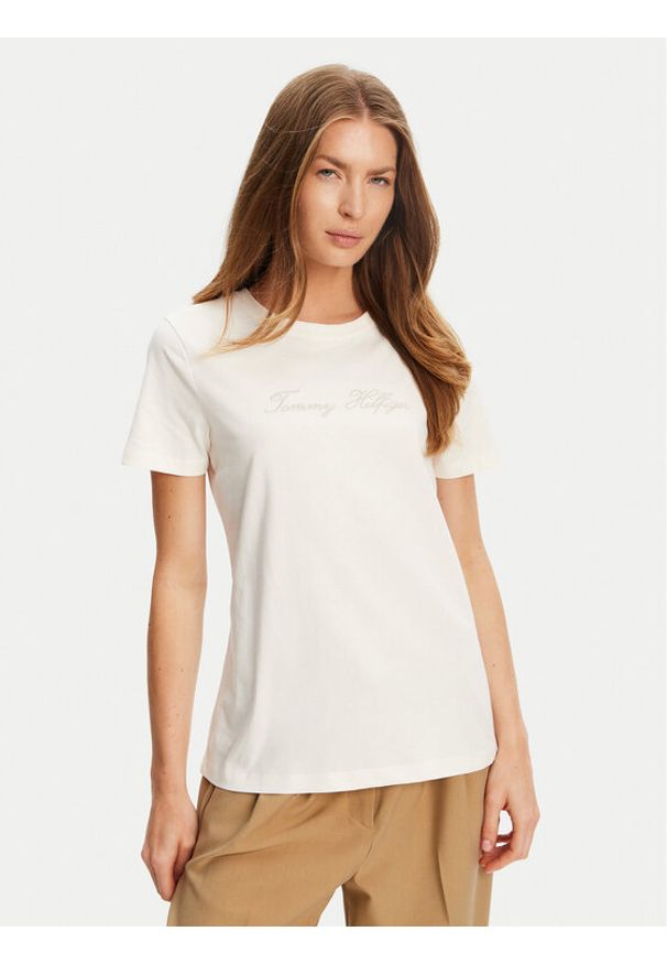 TOMMY HILFIGER - Tommy Hilfiger T-Shirt Script WW0WW47210 Écru Regular Fit. Materiał: bawełna
