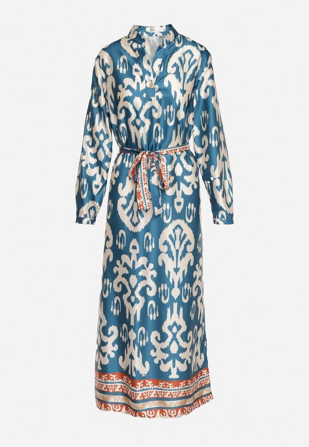 Born2be - Niebieska Sukienka Satynowa o Pudełkowym Fasonie Wiązana w Talii w Ornamentalny Wzór Narosa. Okazja: na co dzień, na imprezę. Kolor: niebieski. Materiał: satyna. Długość rękawa: długi rękaw. Styl: casual, elegancki