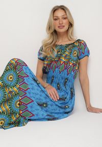 Born2be - Niebieska Bawełniana Sukienka w Etno Wzór z Gumką w Talii i Hiszpańskim Dekoltem Orose. Okazja: na co dzień. Kolor: niebieski. Materiał: bawełna. Wzór: aplikacja. Typ sukienki: proste. Styl: etno. Długość: maxi #1