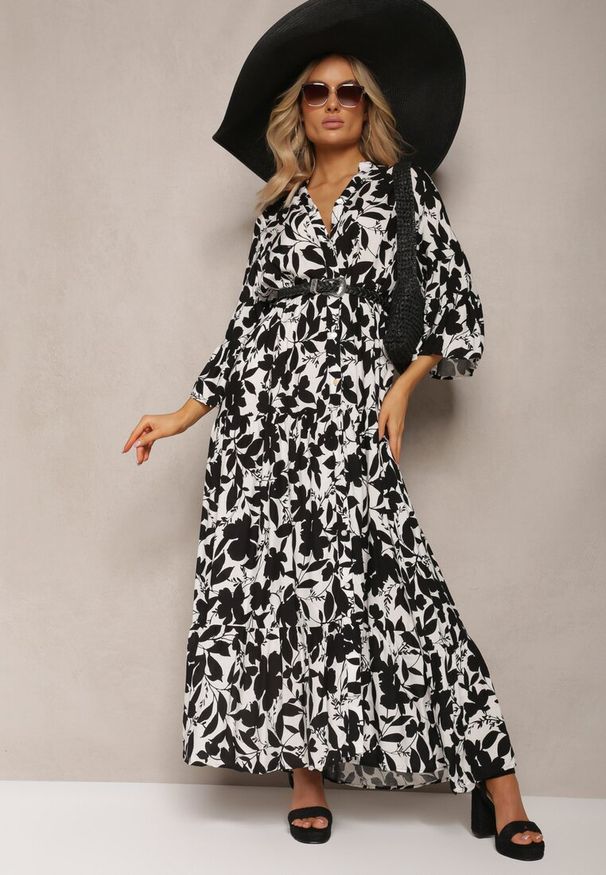 Renee - Czarno-Biała Rozkloszowana Sukienka Maxi na Guziki z Abstrakcyjnym Wzorem Uvellia. Kolor: czarny. Sezon: wiosna, lato. Długość: maxi