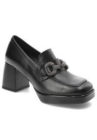 Czarne Półbuty Karino Eleganckie Skórzane Buty Na Obcasie. Okazja: na co dzień. Kolor: czarny. Materiał: skóra. Szerokość cholewki: normalna. Obcas: na obcasie. Styl: elegancki. Wysokość obcasa: średni
