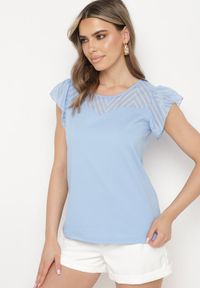 Born2be - Niebieski Bawełniany T-shirt Bluzka z Przezroczystymi Rękawami i Dekoltem Lavinara. Kolor: niebieski. Materiał: bawełna. Sezon: lato