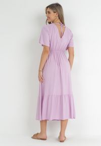 Born2be - Fioletowa Rozkloszowana Sukienka Maxi z Gumką i Sznurkiem w Talii z Wiskozy Baneta. Okazja: na co dzień. Kolor: fioletowy. Materiał: wiskoza. Typ sukienki: proste. Styl: casual. Długość: maxi #2