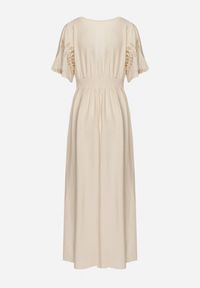 Born2be - Beżowa Wiskozowa Sukienka z Metalicznymi Haftami Helvesia. Okazja: na co dzień. Typ kołnierza: dekolt w kształcie V. Kolor: beżowy. Materiał: wiskoza. Wzór: haft. Styl: casual, elegancki #2