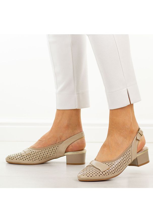 Beżowe czółenka damskie na obcasie Jezzi asa200-18. Okazja: na co dzień, na imprezę. Nosek buta: okrągły. Kolor: beżowy. Szerokość cholewki: normalna. Wzór: ażurowy, aplikacja. Materiał: skóra. Sezon: wiosna, lato. Obcas: na obcasie. Styl: casual, elegancki, klasyczny, wizytowy. Wysokość obcasa: niski