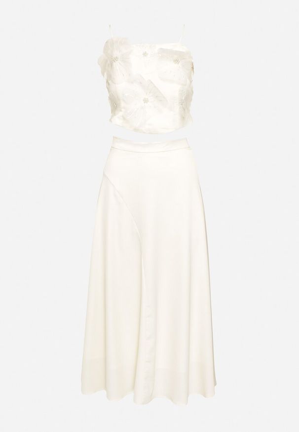 Born2be - Jasnobeżowy Komplet 2-Częściowy Top na Ramiączkach z Ozdobnymi Kwiatami Rozkloszowana Spódnica Yindia. Kolor: beżowy. Materiał: materiał. Wzór: kwiaty