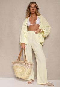 Renee - Żółty Bawełniany Komplet Muślinowy Oversize z Koszulą i Szerokimi Spodniami Ziorina. Kolor: żółty. Materiał: bawełna. Wzór: aplikacja