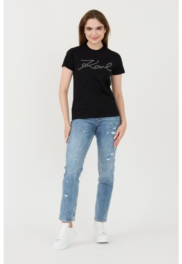 Karl Lagerfeld - KARL LAGERFELD Czarny damski t-shirt Rhinestone Logo, Rozmiar XS. Kolor: czarny