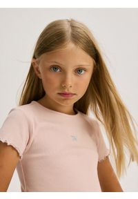 Reserved - Krótki t-shirt z haftem - różowy. Kolor: różowy. Materiał: bawełna, dzianina. Długość: krótkie. Wzór: haft