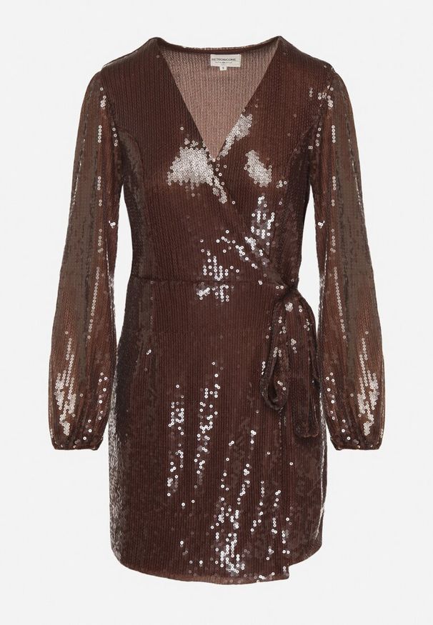 Born2be - Brązowa Cekinowa Sukienka o Kopertowym Kroju z Wiązaniem w Talii Eprelle. Okazja: na imprezę. Kolor: brązowy. Długość rękawa: długi rękaw. Wzór: aplikacja, gładki. Typ sukienki: kopertowe. Styl: elegancki
