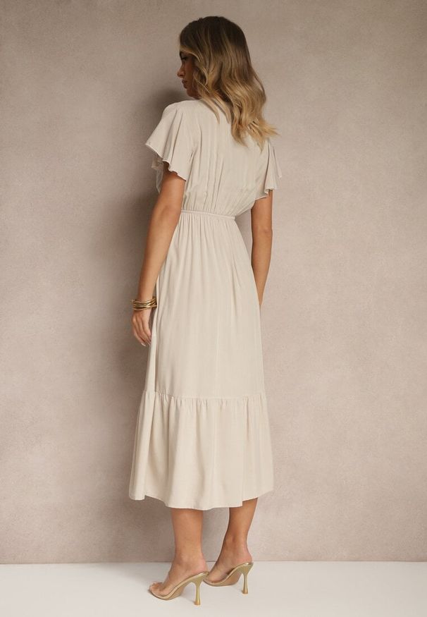 Renee - Beżowa Rozkloszowana Sukienka z Bawełny Zdobiona Guzikami Folennea. Okazja: na co dzień. Typ kołnierza: dekolt w serek. Kolor: beżowy. Materiał: bawełna. Wzór: aplikacja. Typ sukienki: rozkloszowane. Styl: elegancki, klasyczny, casual