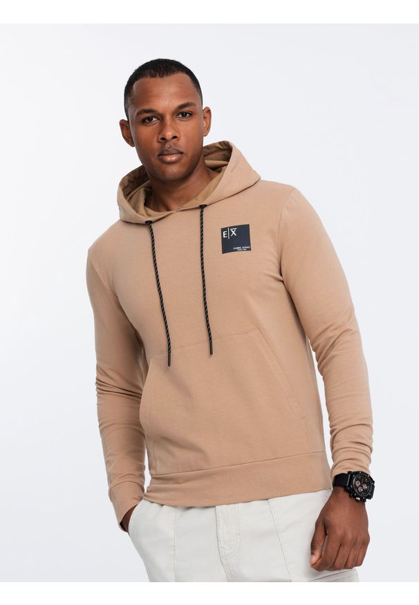 Ombre Clothing - Męska bluza z kapturem kangurka z logotypem – brązowa V3 - Rozmiar: XXL. Typ kołnierza: kaptur. Kolor: brązowy. Materiał: bawełna, dzianina. Wzór: nadruk, jednolity