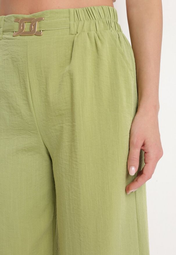 Born2be - Jasnozielone Szerokie Spodnie Palazzo z Wysokim Stanem i Gumką w Pasie Biofina. Okazja: na spacer, na spotkanie biznesowe. Stan: podwyższony. Kolor: zielony. Styl: elegancki, biznesowy