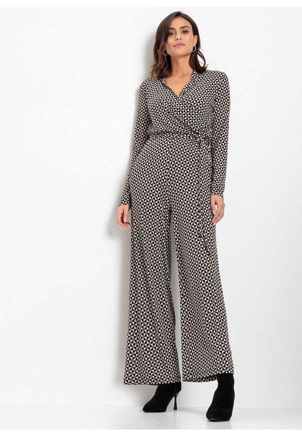bonprix - Kombinezon z dżerseju. Kolor: czarny. Materiał: jersey. Wzór: nadruk