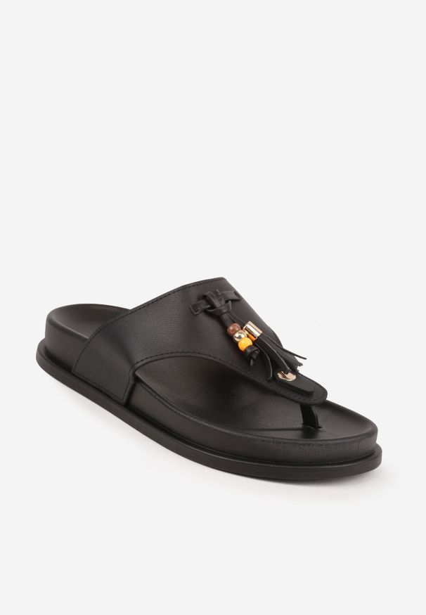 Renee - Czarne Klapki Japonki z Frędzlami Dalirea. Kolor: czarny. Materiał: prążkowany. Sezon: lato. Styl: elegancki