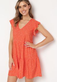 Born2be - Pomarańczowa Bawełniana Sukienka o Rozkloszowanym Kroju w Kropki Giavina. Kolor: pomarańczowy. Materiał: bawełna. Wzór: kropki. Sezon: lato #1