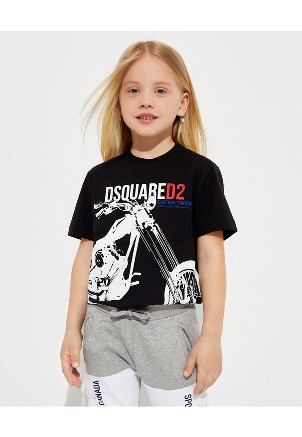 DSQUARED2 KIDS - Czarna koszulka z nadrukiem 4-12 lat. Kolor: czarny. Materiał: bawełna. Wzór: nadruk. Sezon: lato