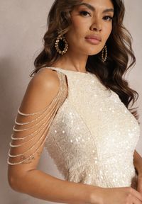 Renee - Beżowa Cekinowa Sukienka Midi z Koralikami i Rozcięciem Sustara. Kolor: beżowy. Styl: elegancki. Długość: midi #4