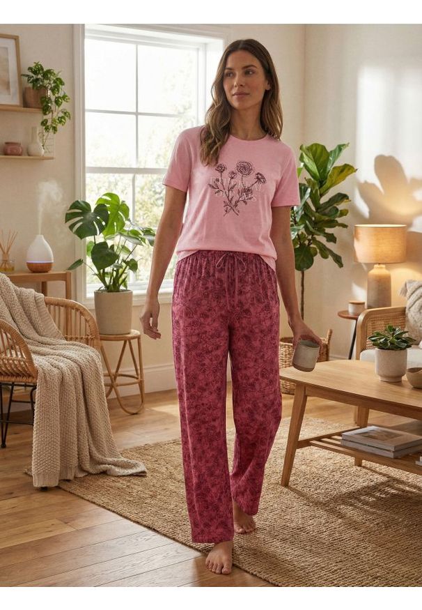 Sinsay - Bawełniana piżama dwuczęściowa z motywem kwiatowym - różowy. Kolor: różowy. Materiał: bawełna. Wzór: kwiaty