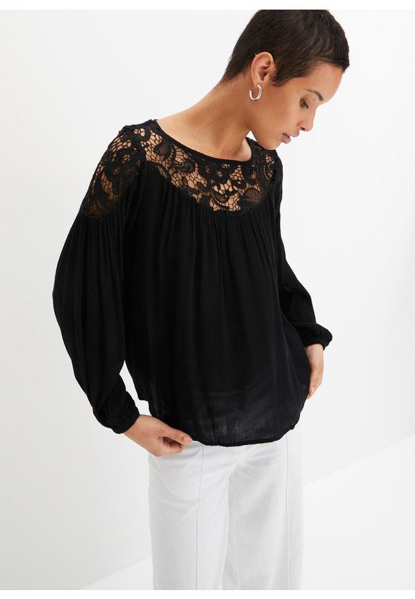 bonprix - Tunika z lejącej wiskozy. Kolor: czarny. Materiał: wiskoza, koronka. Wzór: koronka
