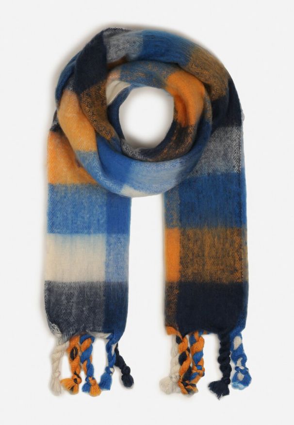 Born2be - Niebiesko-Granatowy Szalik w Kratę z Ozdobną Plecionką Eveltinae. Okazja: na co dzień. Kolor: niebieski. Materiał: jeans. Styl: klasyczny, elegancki, casual