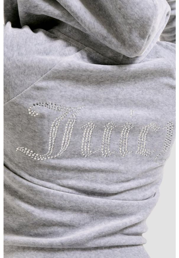 Juicy Couture - JUICY COUTURE Szara damska bluza Madison Hoodie, Rozmiar L. Typ kołnierza: kaptur. Kolor: szary. Materiał: poliester, elastan, materiał. Wzór: aplikacja. Styl: elegancki