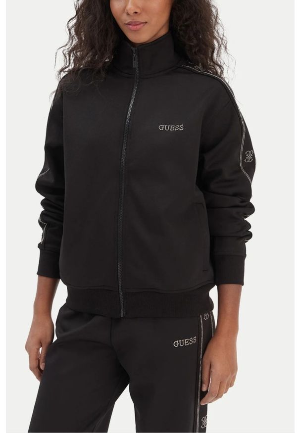 Guess - GUESS Czarna rozpinana bluza damska z lamapsami i cyrkoniami Octavia, Rozmiar M. Okazja: na co dzień. Kolor: czarny. Styl: elegancki, casual, sportowy
