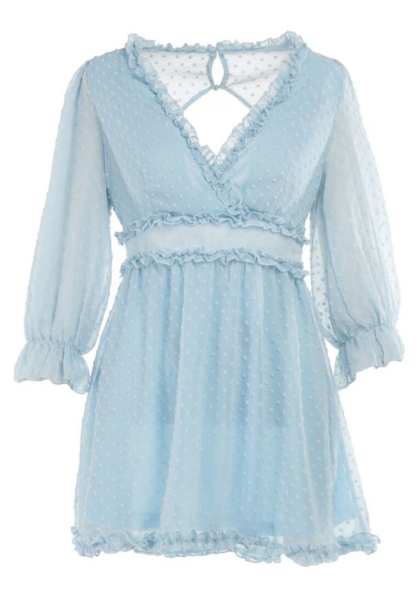 Born2be - Jasnoniebieska Sukienka Taphionis. Typ kołnierza: kołnierz z falbankami. Kolor: niebieski. Materiał: tkanina. Typ sukienki: kopertowe. Długość: mini