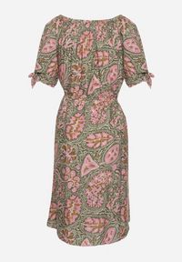 Born2be - Różowa Sukienka z Bawełny z Okrągłym Dekoltem i Wiązaniem w Pasie Tosaria. Okazja: na co dzień. Kolor: różowy. Materiał: bawełna. Sezon: lato. Styl: casual, elegancki #6