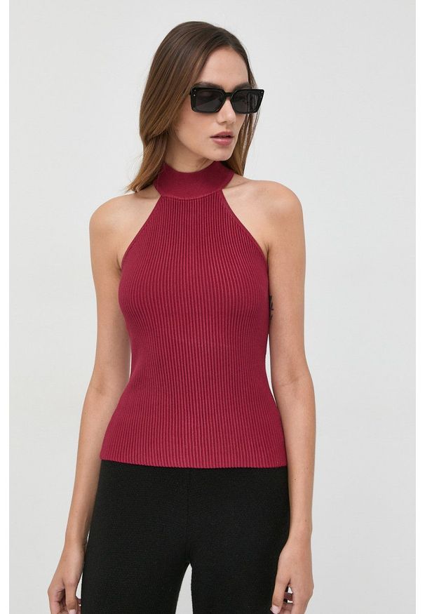 Guess top damski kolor bordowy. Typ kołnierza: dekolt halter. Kolor: czerwony. Materiał: materiał, dzianina, wiskoza. Wzór: gładki