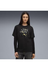 Puma - Damska koszulka o luźnym kroju z grafiką liści PUMA Black. Kolor: czarny. Sport: fitness