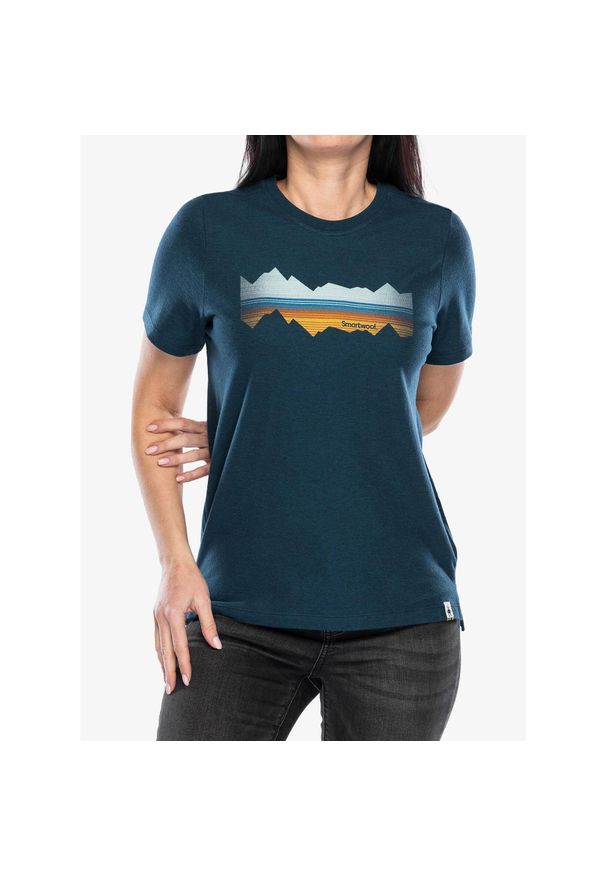 Koszulka z nadrukiem damska Smartwool Mountain Horizon Graphic Short Sleeve Tee. Kolor: niebieski. Wzór: nadruk