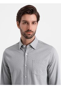 Ombre Clothing - Koszula męska SLIM FIT z ozdobnej tkaniny z kieszonką – szara V2 - Rozmiar: S. Okazja: do pracy. Typ kołnierza: kołnierzyk klasyczny. Kolor: szary. Materiał: tkanina. Wzór: haft, ze splotem. Styl: klasyczny, elegancki #7