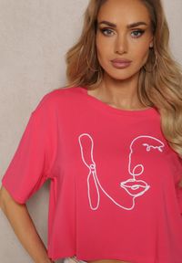 Renee - Fuksjowy T-shirt z Bawełny o Krótkim Kroju Wykończony Aplikacją w Postaci Sznurka Abivena. Kolor: różowy. Materiał: bawełna. Długość: krótkie. Wzór: aplikacja. Styl: elegancki #4