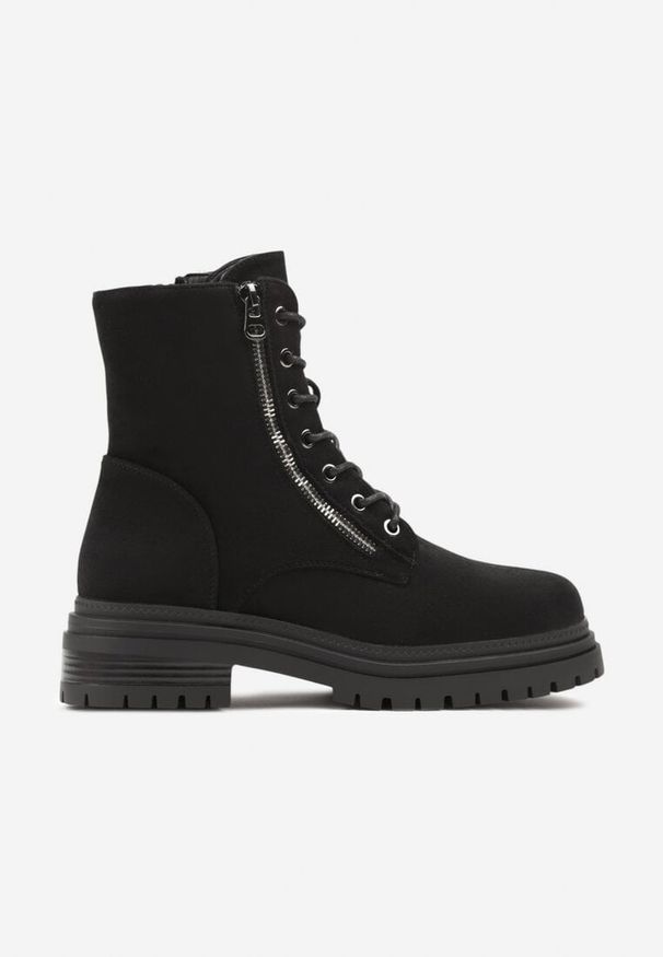 Born2be - Czarne Botki Typu Workery z Metalicznym Suwakiem Clatina. Okazja: na co dzień. Kolor: czarny. Materiał: skóra. Styl: casual