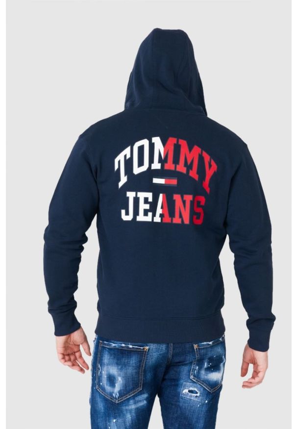 Tommy Jeans - TOMMY JEANS Granatowa bluza męska na zamek z dużym logo, Rozmiar XXL. Typ kołnierza: kaptur. Kolor: niebieski