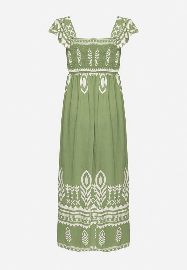 Born2be - Zielona Sukienka z Wiskozy o Rozkloszowanym Kroju w Ornamentalny Wzór Lisolira. Okazja: na spacer, na imprezę, na co dzień. Typ kołnierza: kołnierz z falbankami, dekolt kwadratowy. Kolor: zielony. Materiał: wiskoza. Długość rękawa: na ramiączkach. Sezon: lato. Styl: casual, elegancki
