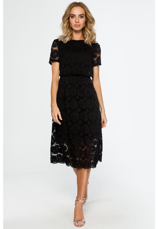 e-margeritka - Koronkowa elegancka sukienka midi czarna - xl. Kolor: czarny. Materiał: koronka. Wzór: koronka. Styl: elegancki. Długość: midi