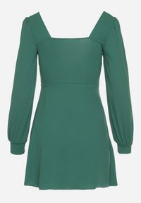 Born2be - Zielona Sukienka z Bufiastymi Rękawami i Kwadratowym Dekoltem Sopanielle. Okazja: na co dzień. Typ kołnierza: dekolt kwadratowy. Kolor: zielony. Materiał: skóra. Styl: casual, klasyczny #2