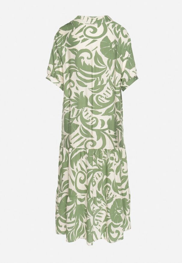 Born2be - Zielona Wiskozowa Rozkloszowana Sukienka z Falbaną Filindania. Okazja: na co dzień. Kolor: zielony. Materiał: wiskoza. Styl: casual, elegancki