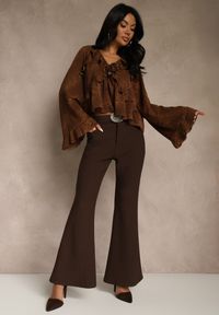 Renee - Brązowe Spodnie Flare z Wiskozy i Bawełny z Paskiem w Kowbojskim Stylu Tusiera. Kolor: brązowy. Materiał: bawełna, wiskoza. Wzór: haft. Styl: boho #1