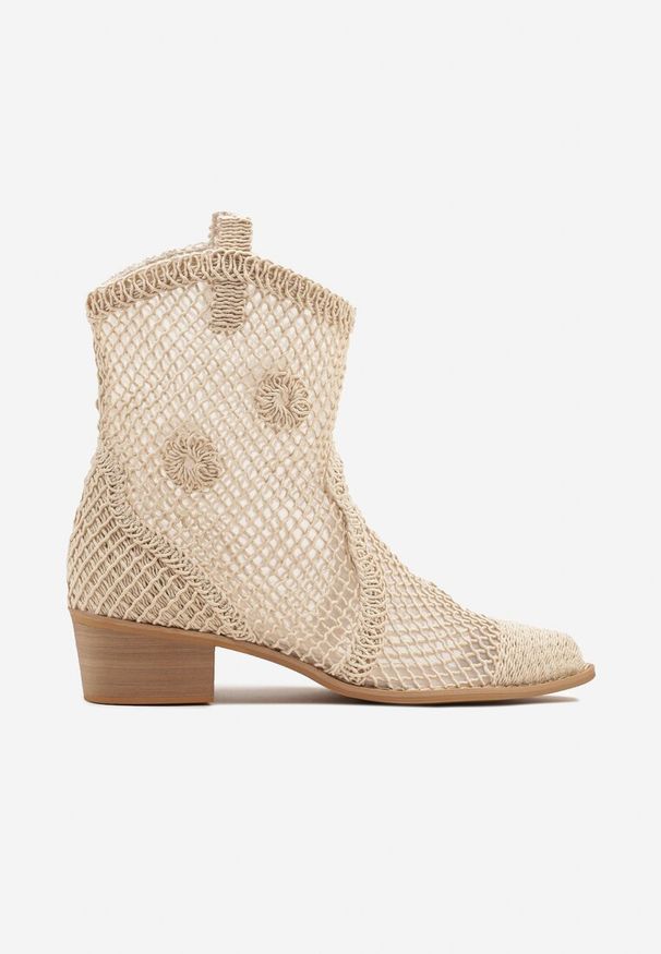 Born2be - Jasnobeżowe Ażurowe Botki w Stylu Kowbojek na Stożku ze Skórzaną Wkładką Xalozi. Okazja: na co dzień. Kolor: beżowy. Materiał: skóra. Wzór: ażurowy. Sezon: wiosna, lato. Obcas: na stożku. Styl: casual, elegancki