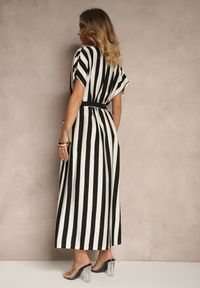 Renee - Czarna Pudełkowa Sukienka z Wiskozą z Motywem Pasków i Wiązaniem Lumierae. Okazja: na co dzień. Kolor: czarny. Materiał: wiskoza. Styl: elegancki, casual