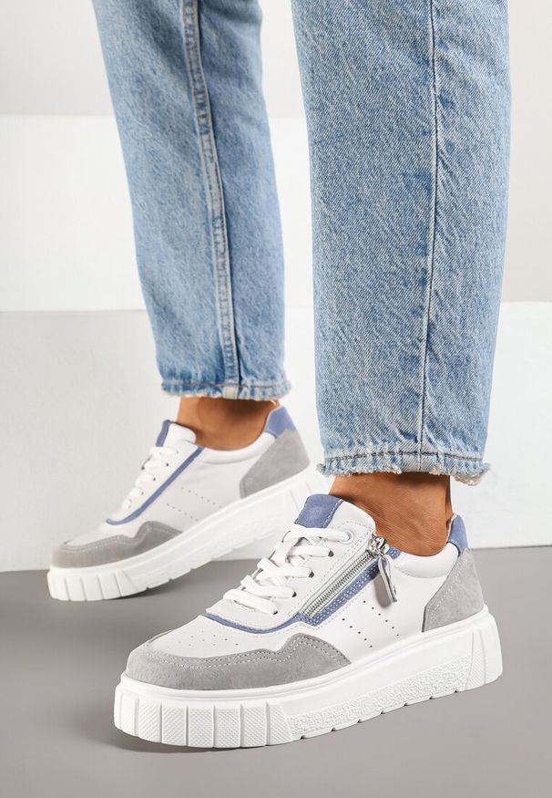 Born2be - Biało-Szare Sneakersy Skórzane z Ozdobnym Suwakiem Tillirella. Okazja: na co dzień. Zapięcie: sznurówki. Kolor: biały. Materiał: skóra