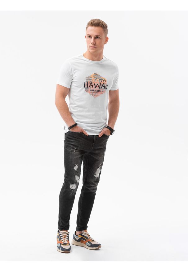Ombre Clothing - T-shirt męski z nadrukiem S1434 V-17A - biały - XXL. Kolor: biały. Materiał: bawełna. Wzór: nadruk. Styl: klasyczny