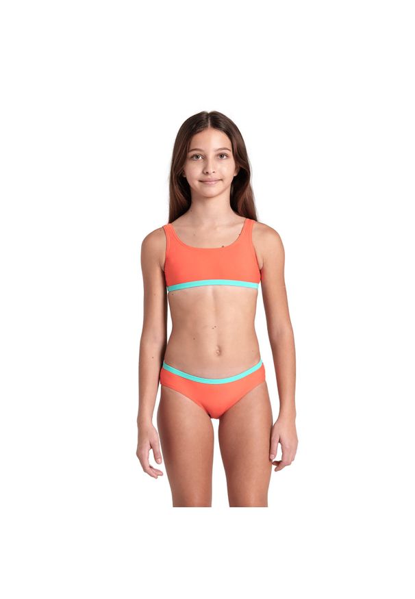 Dziewczęcy dwuczęściowy kostium kąpielowy Arena Essentials Bralette. Kolor: wielokolorowy, niebieski, pomarańczowy