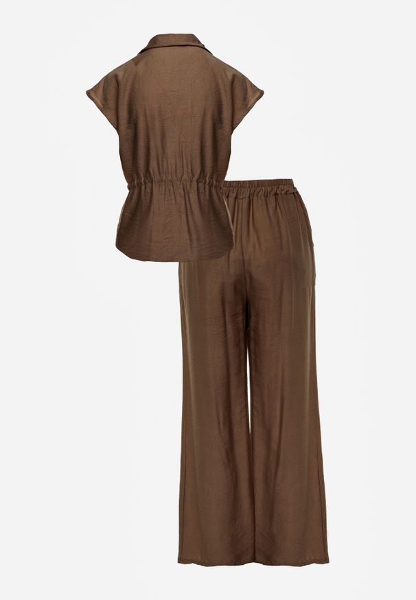 Renee - Brązowy Wiskozowy Komplet na Lato Koszula Ściągana w Talii i Spodnie Wide Leg Acelle. Kolor: brązowy. Materiał: wiskoza