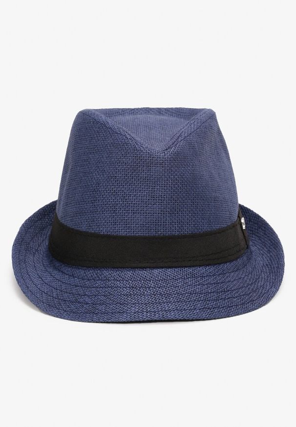 Born2be - Granatowa Pleciony Kapelusz Fedora z Kontrastową Taśmą Zanatia. Kolor: niebieski